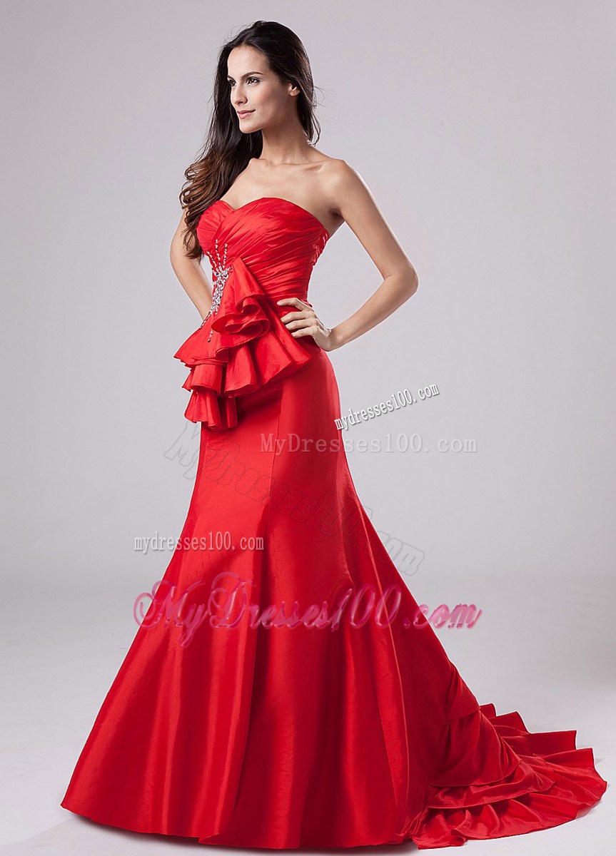 Red Mermaid Sweetheart Brush Train Celebrity Dresses with Beading