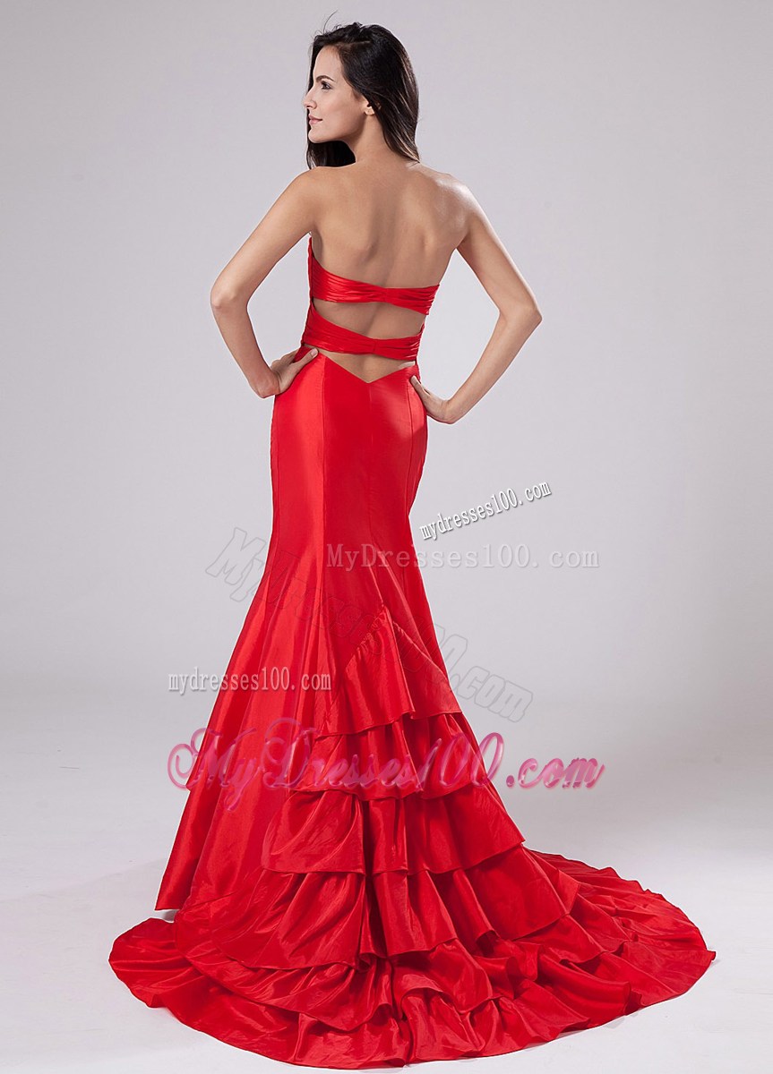 Red Mermaid Sweetheart Brush Train Celebrity Dresses with Beading
