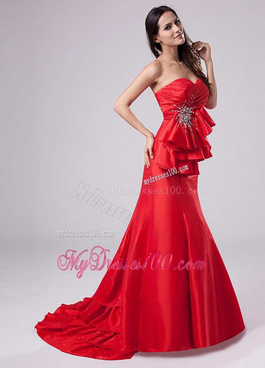 Red Mermaid Sweetheart Brush Train Celebrity Dresses with Beading