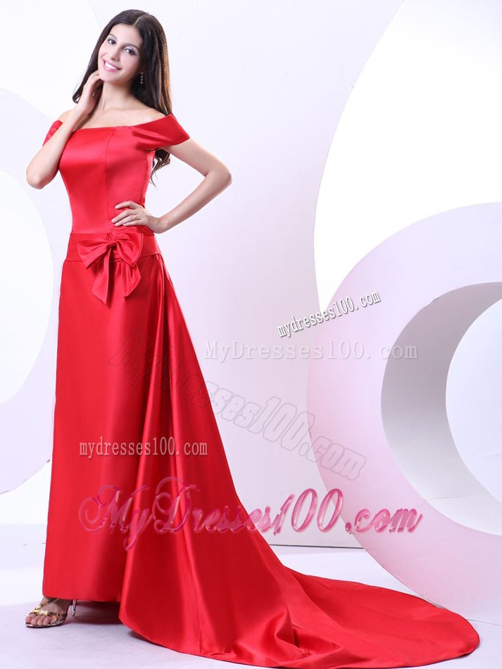 Off The Shoulder For Red Prom Dress With Bowknot and Brush Train