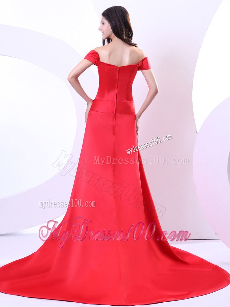 Off The Shoulder For Red Prom Dress With Bowknot and Brush Train
