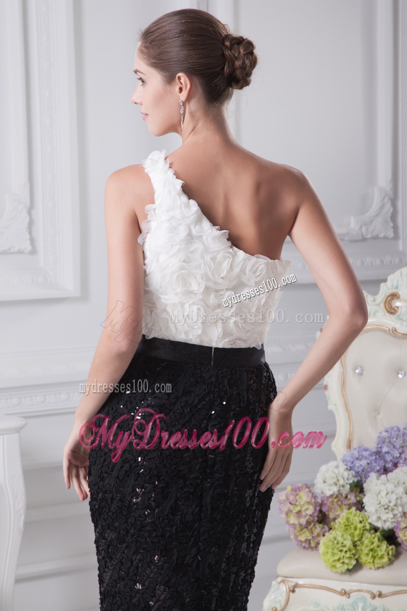 One Shoulder Brush Train Column Black and White Prom Dress