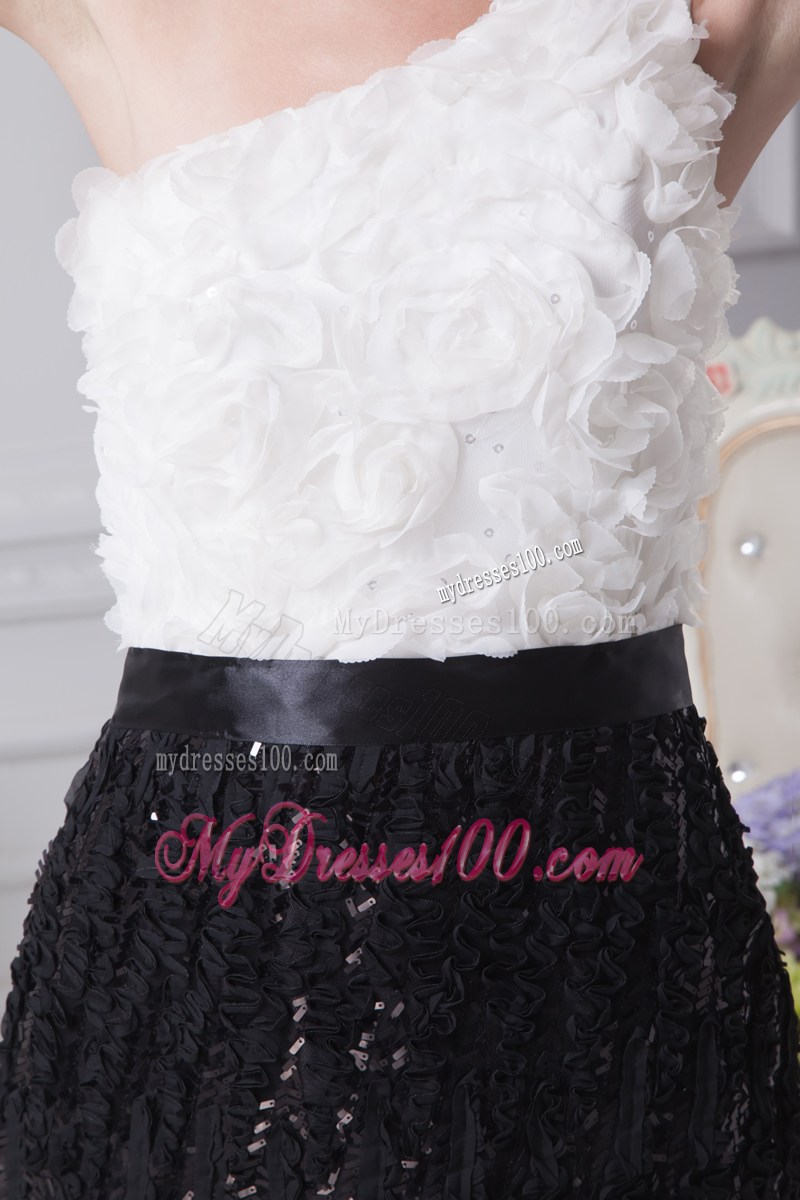 One Shoulder Brush Train Column Black and White Prom Dress