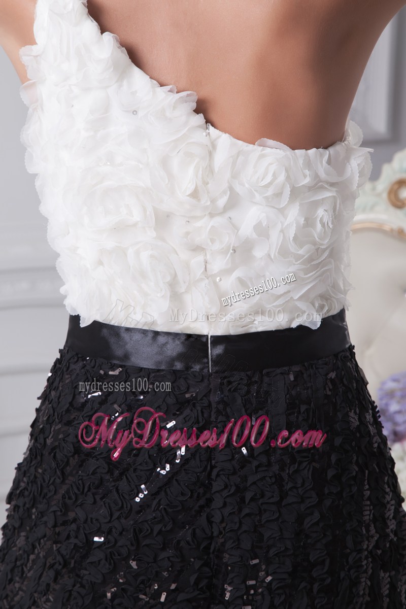 One Shoulder Brush Train Column Black and White Prom Dress