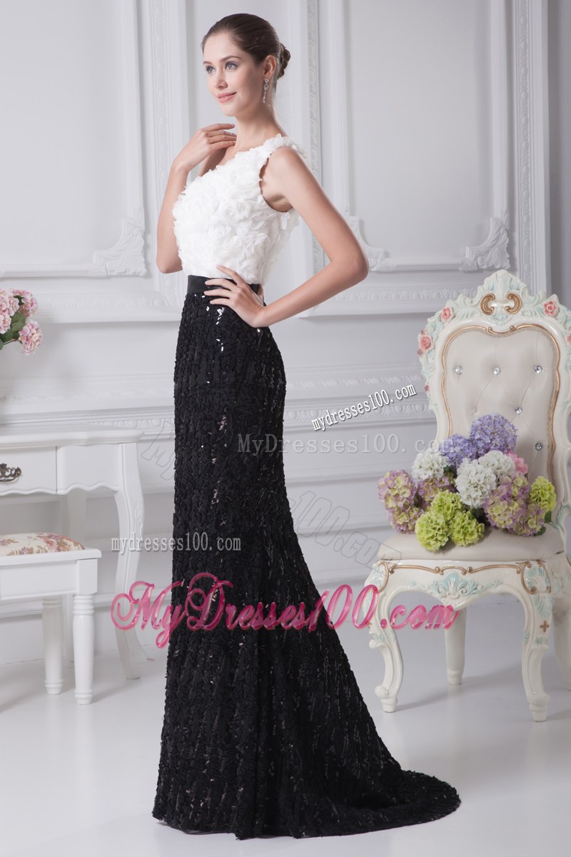 One Shoulder Brush Train Column Black and White Prom Dress
