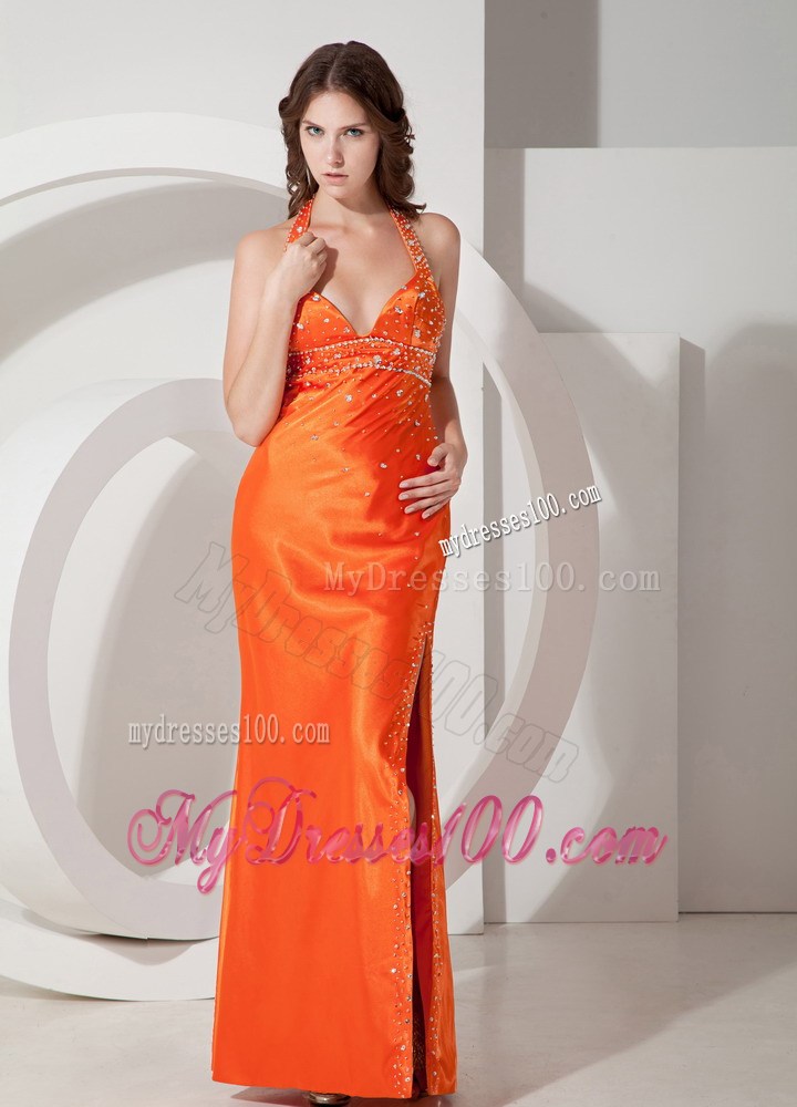 Modest Orange Sheath Halter Beading Celebrity Dress Floor-length