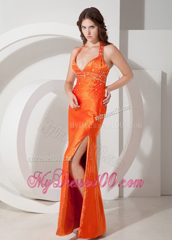 Modest Orange Sheath Halter Beading Celebrity Dress Floor-length