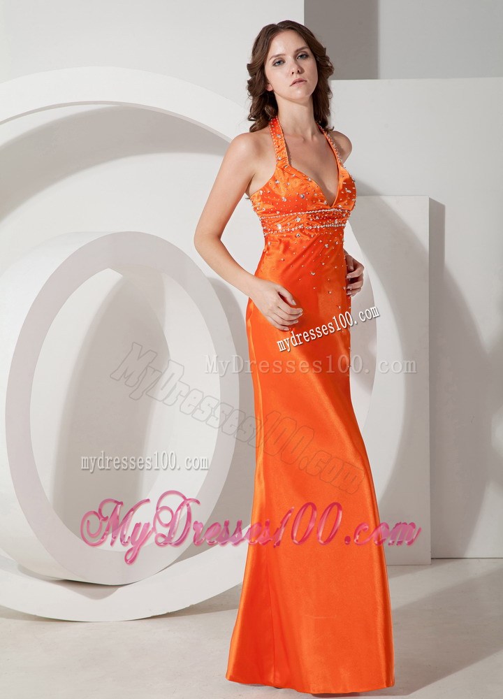 Modest Orange Sheath Halter Beading Celebrity Dress Floor-length