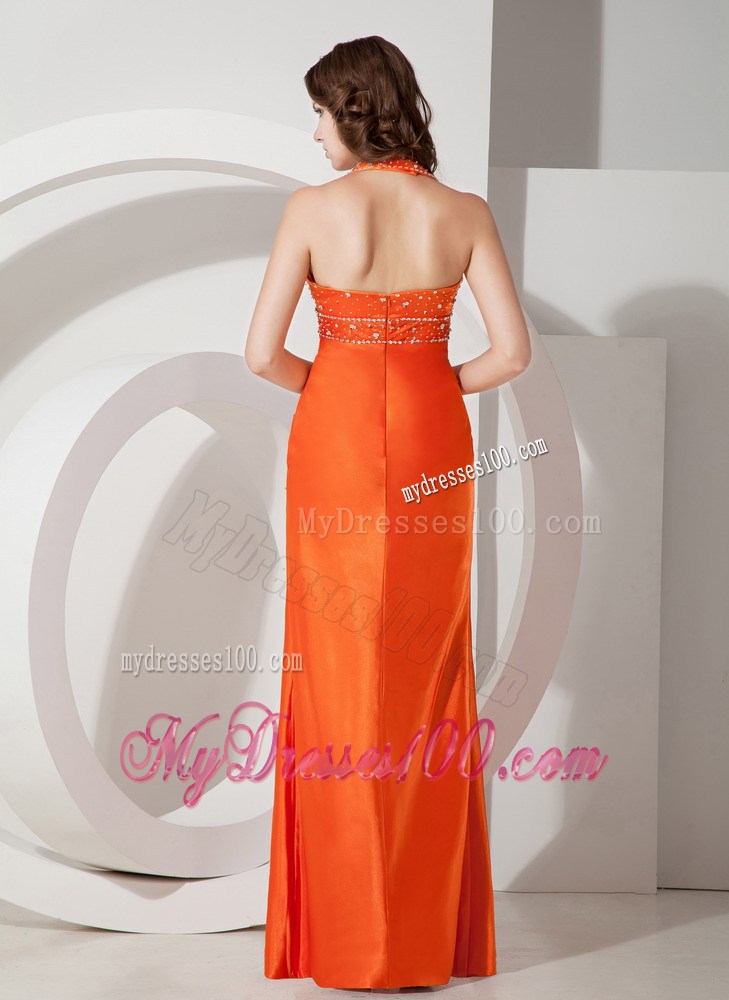 Modest Orange Sheath Halter Beading Celebrity Dress Floor-length