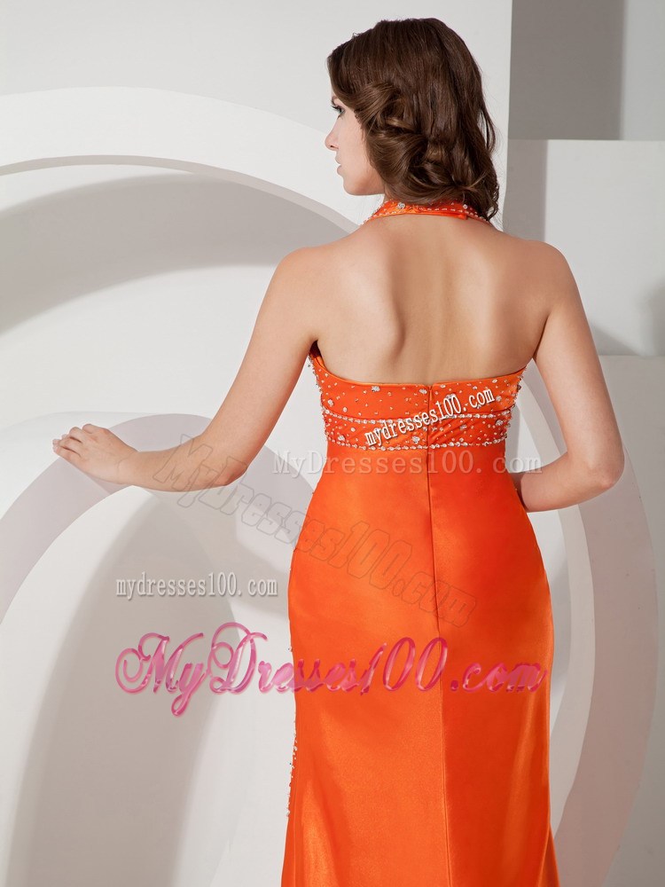 Modest Orange Sheath Halter Beading Celebrity Dress Floor-length