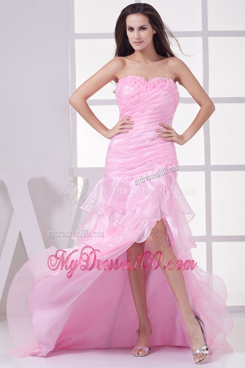Pink High Slit Sweetheart Ruching and Ruffles Layers Prom Dress