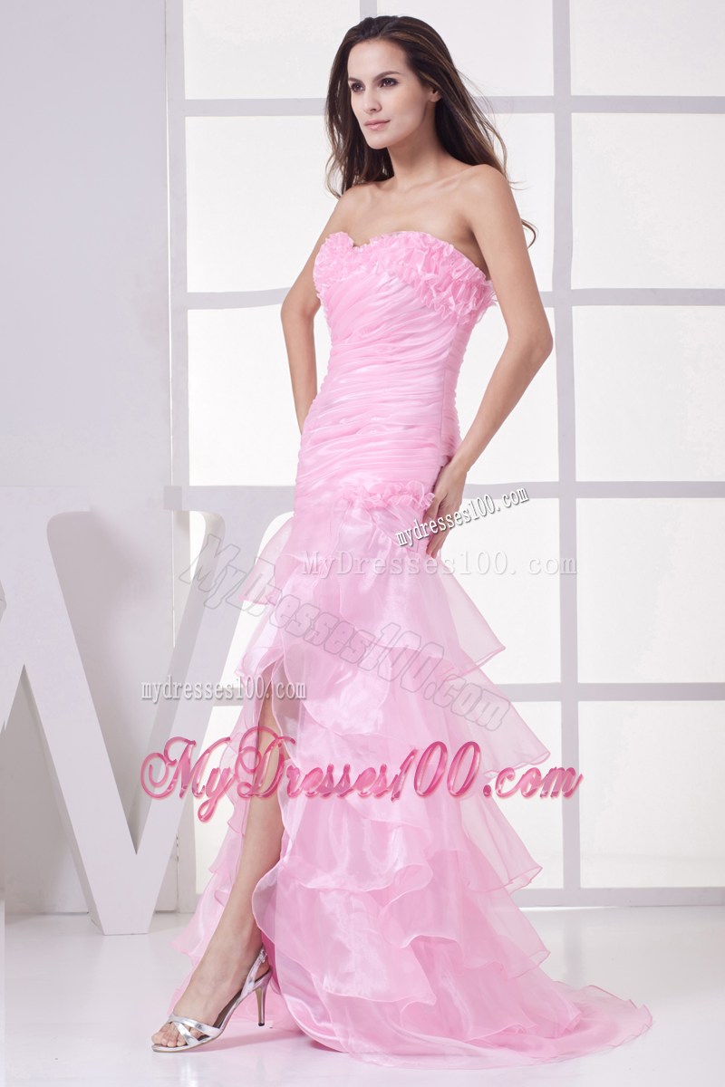 Pink High Slit Sweetheart Ruching and Ruffles Layers Prom Dress