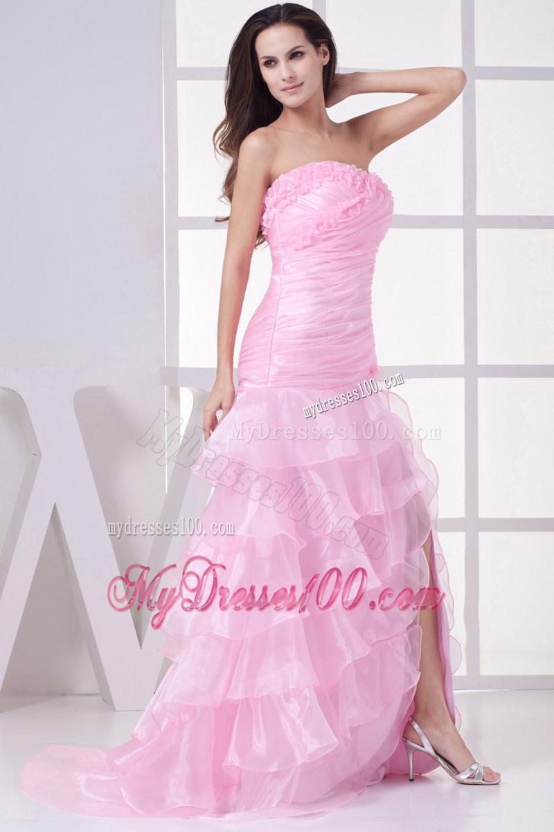 Pink High Slit Sweetheart Ruching and Ruffles Layers Prom Dress