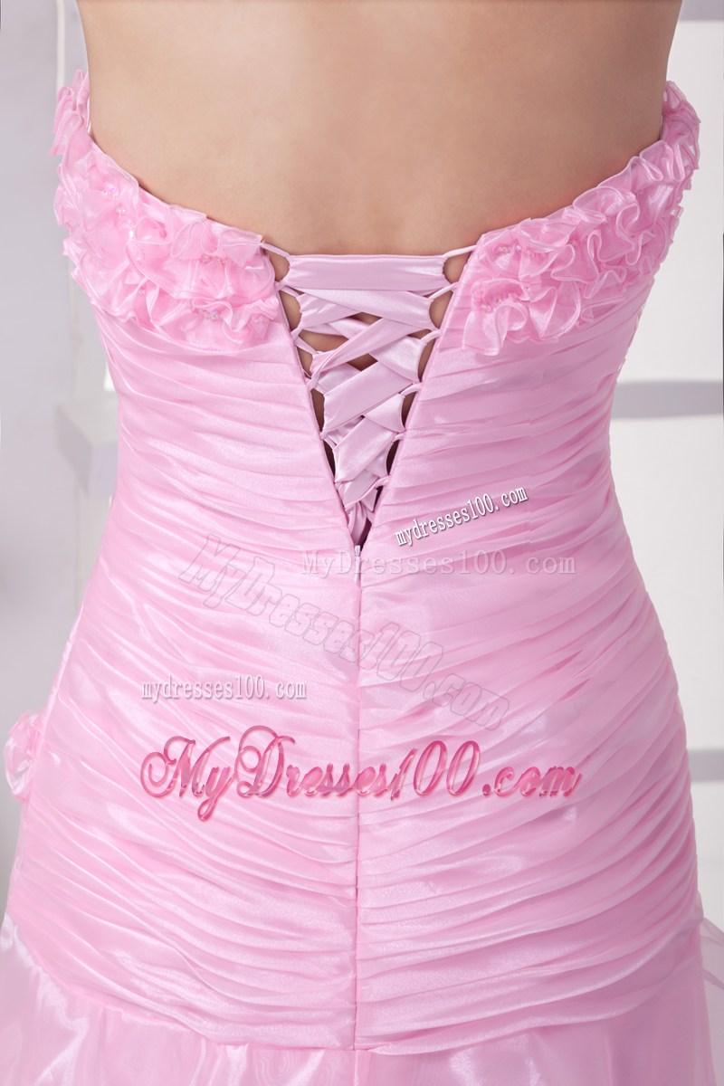 Pink High Slit Sweetheart Ruching and Ruffles Layers Prom Dress