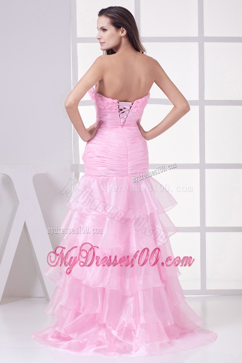 Pink High Slit Sweetheart Ruching and Ruffles Layers Prom Dress