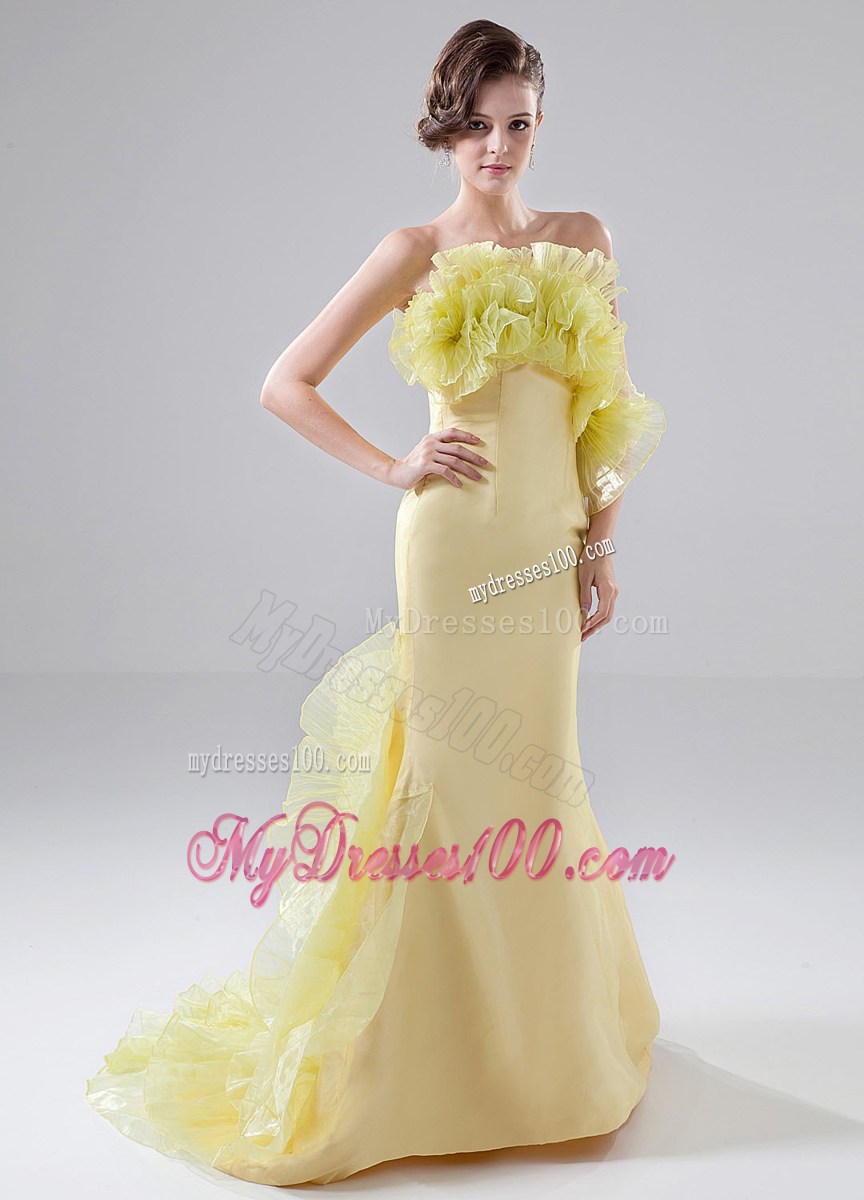 Pretty Strapless Brush Train Mermaid Yellow Celebrity Dresses