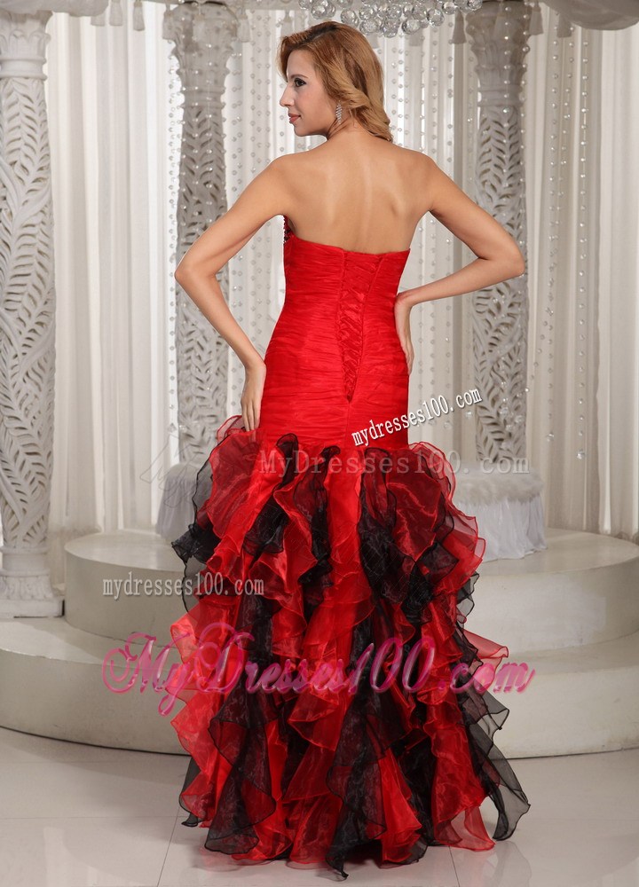 Ruffles A-line Swetheart Ruched Bodice Prom Dress Red and Black With Beading Decorate