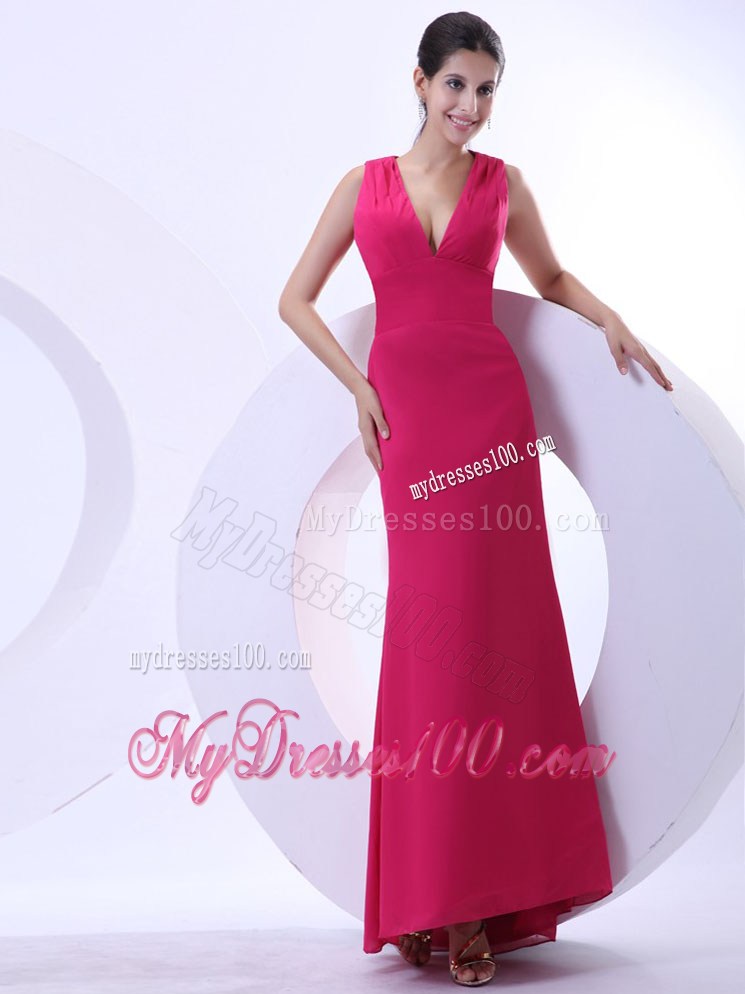 Sexy Prom Dress With Hot Pink V-neck and Ankle-length