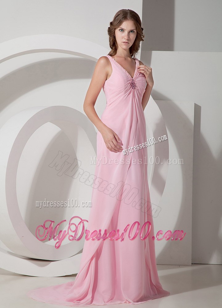 Sheer V-neck Brush Train Baby Pink Celebrity Dresses Inexpensive