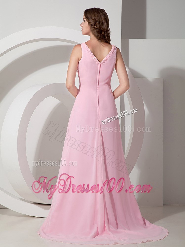 Sheer V-neck Brush Train Baby Pink Celebrity Dresses Inexpensive