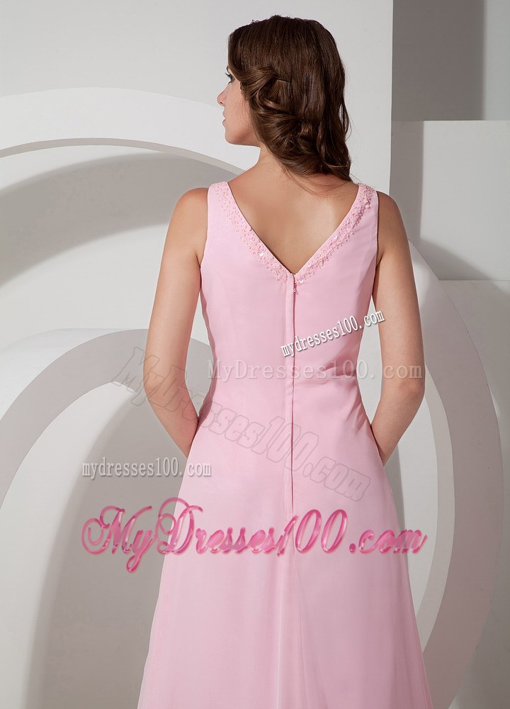 Sheer V-neck Brush Train Baby Pink Celebrity Dresses Inexpensive