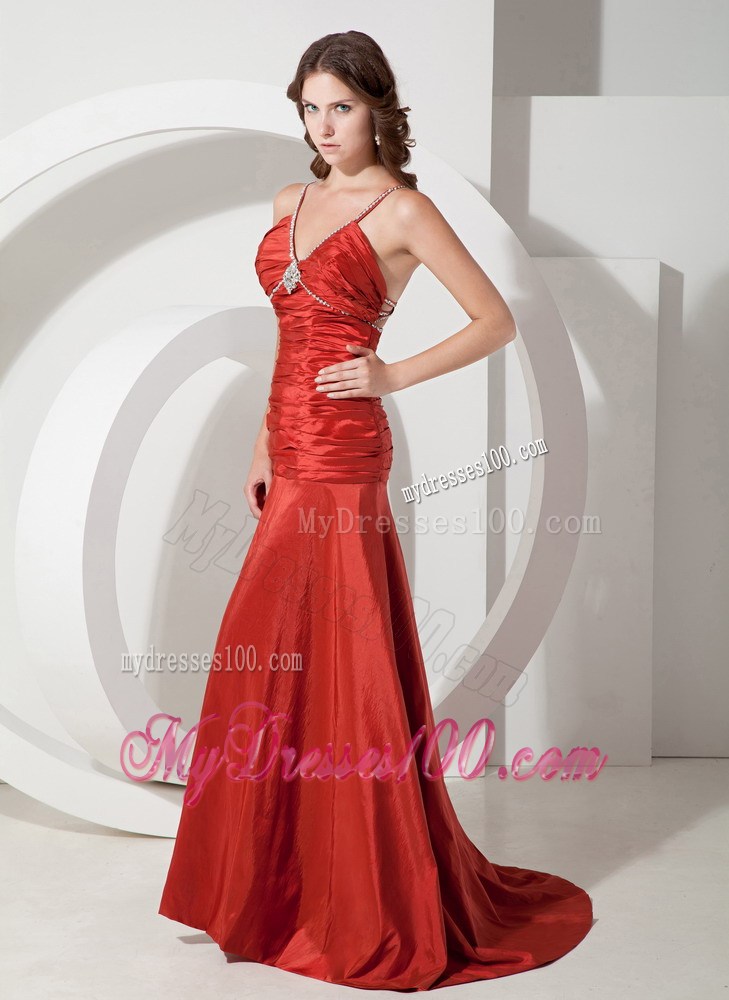 Custom Made Red Sheath Straps Ruched Celebrity Dresses