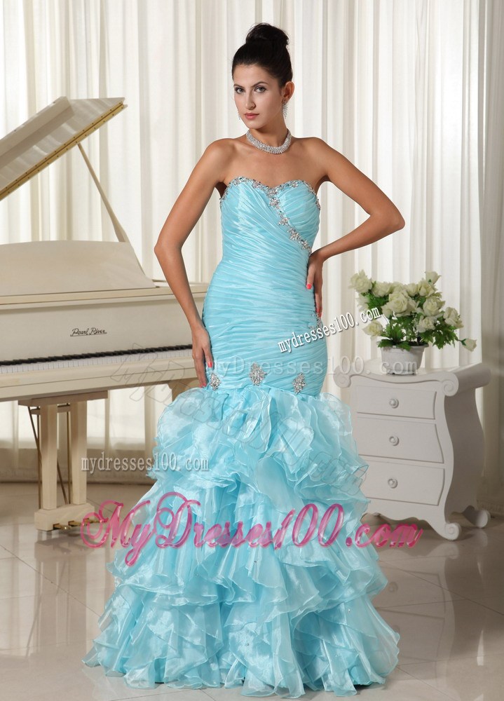 Ruched Bodice and Ruffles 2013 Mermaid Baby Blue Prom Dress Sweetheart