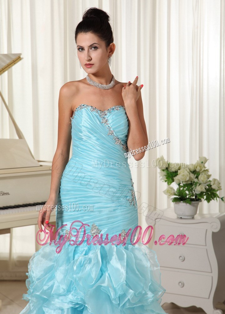 Ruched Bodice and Ruffles 2013 Mermaid Baby Blue Prom Dress Sweetheart