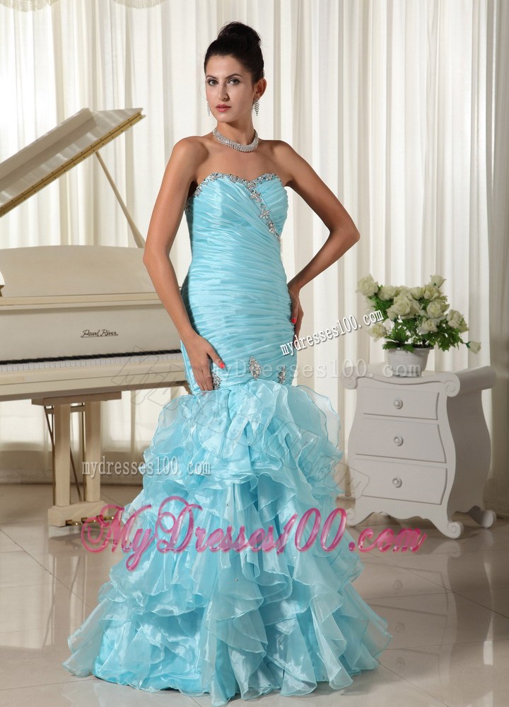 Ruched Bodice and Ruffles 2013 Mermaid Baby Blue Prom Dress Sweetheart