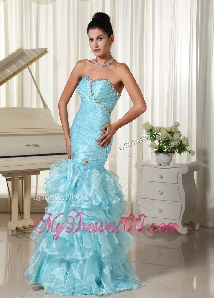 Ruched Bodice and Ruffles 2013 Mermaid Baby Blue Prom Dress Sweetheart