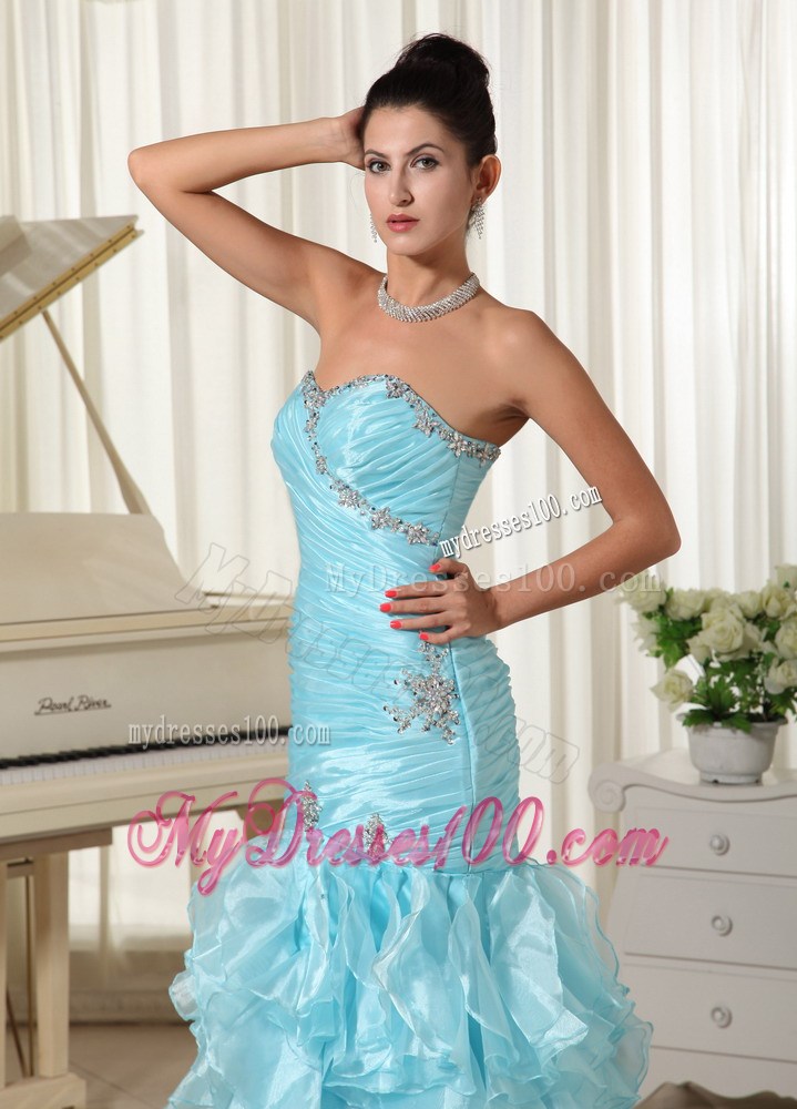 Ruched Bodice and Ruffles 2013 Mermaid Baby Blue Prom Dress Sweetheart