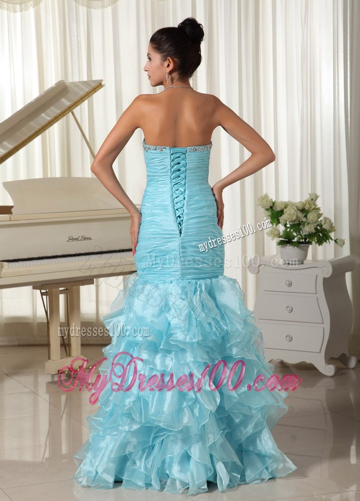 Ruched Bodice and Ruffles 2013 Mermaid Baby Blue Prom Dress Sweetheart