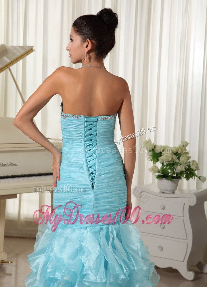 Ruched Bodice and Ruffles 2013 Mermaid Baby Blue Prom Dress Sweetheart