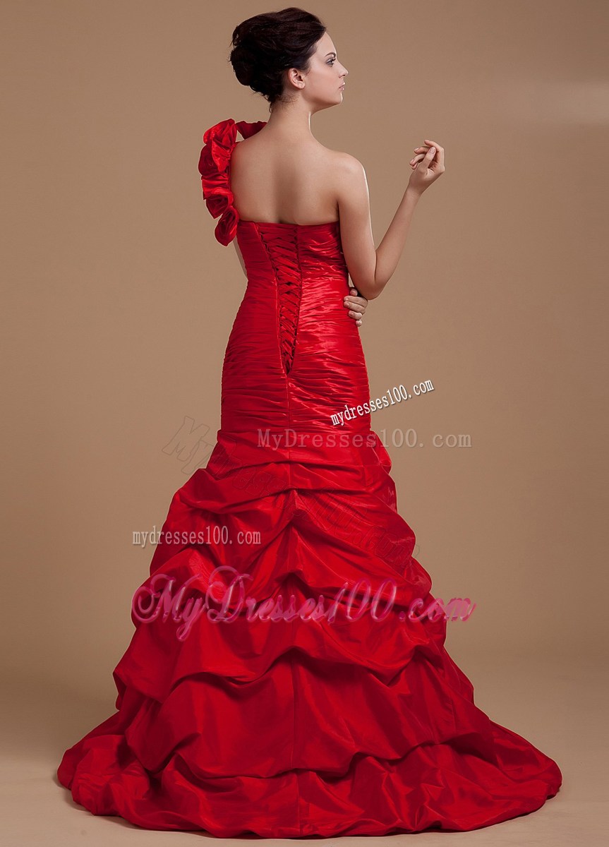 Wine Red Prom Dress With One Shoulder Hand Made Flowers and Ruffled Layers Mermaid Brush Train