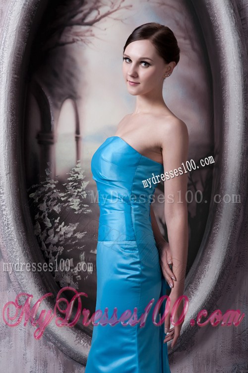 Simple Aqua Blue Pageant Dresses Column Strapless Brush Train