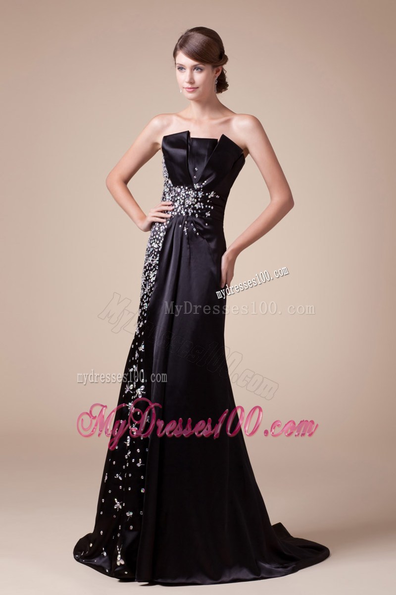 2013 Strapless Beading Black Prom Dress Brush Train