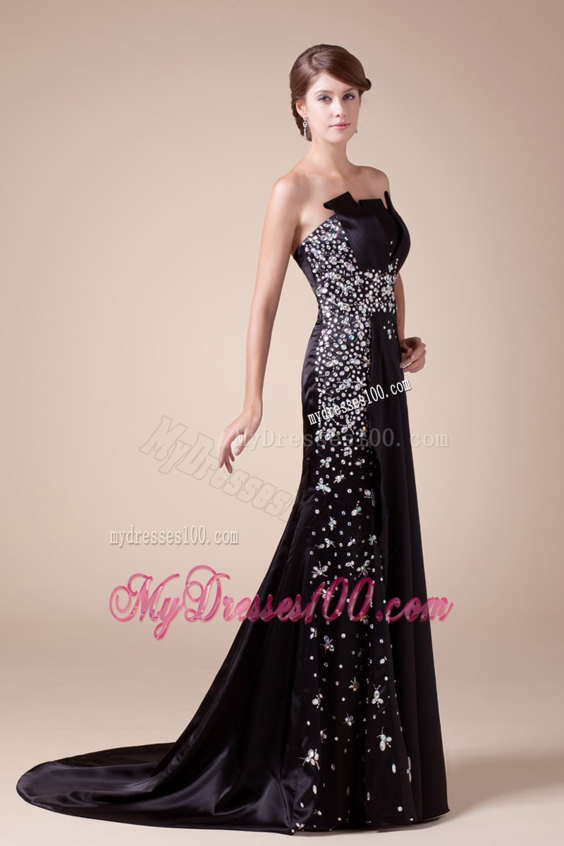 2013 Strapless Beading Black Prom Dress Brush Train