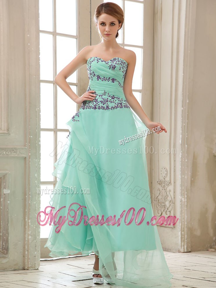 Apple Green Appliuqes and Ruched Bodice For Ankle-length Prom Dress