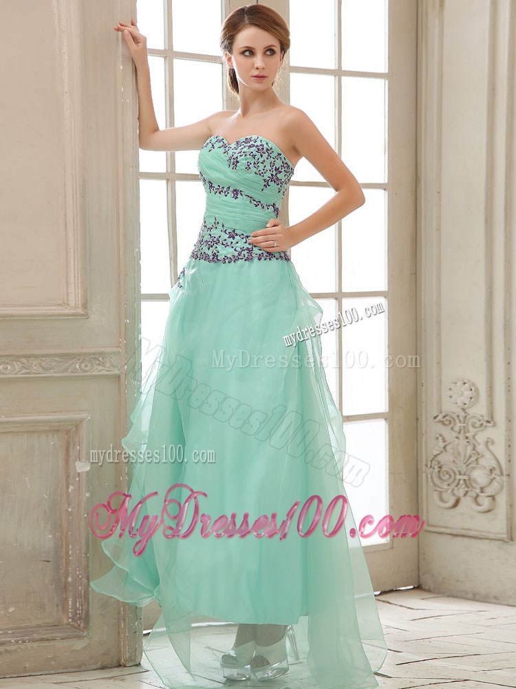 Apple Green Appliuqes and Ruched Bodice For Ankle-length Prom Dress
