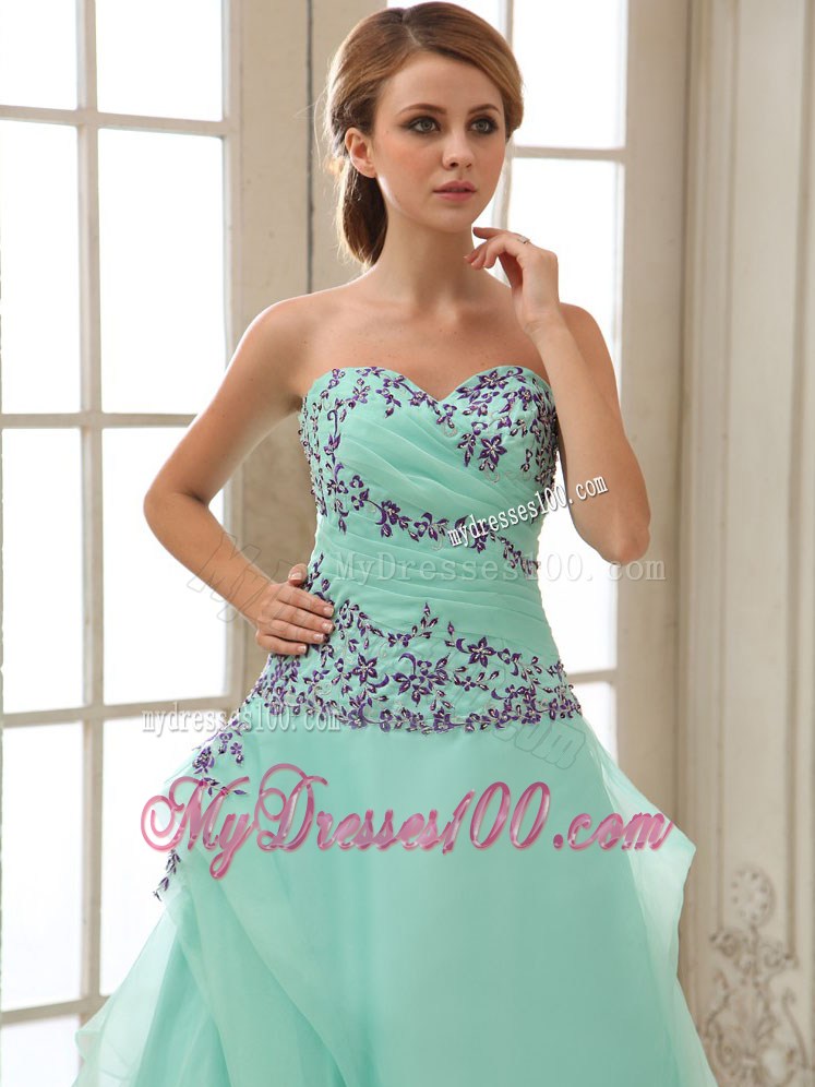 Apple Green Appliuqes and Ruched Bodice For Ankle-length Prom Dress