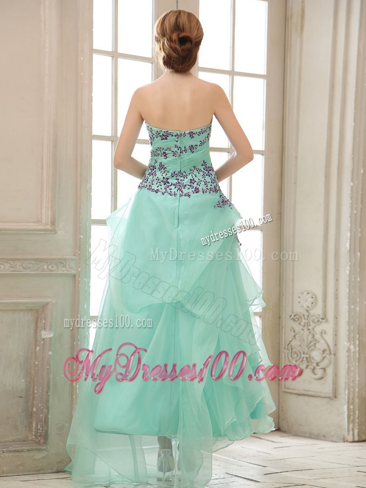 Apple Green Appliuqes and Ruched Bodice For Ankle-length Prom Dress
