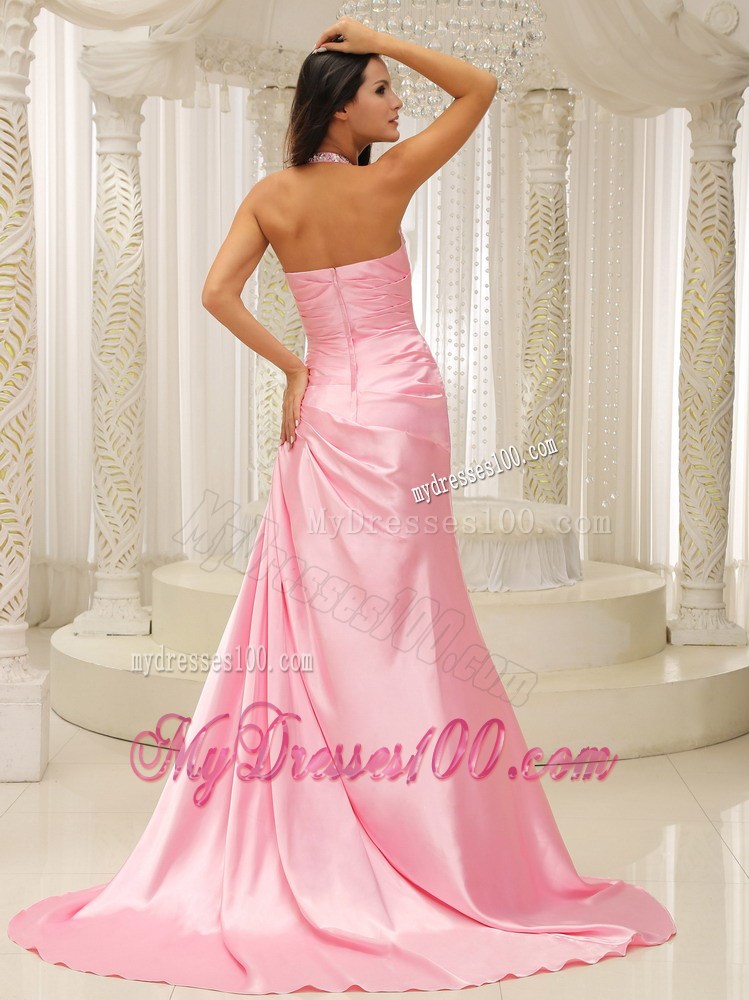 Rose Pink Halter Top Ruched Bodice For 2013 Pageant Dresses Brush Train