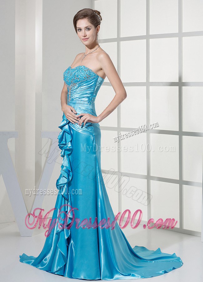 Beaded Decorate Bust and Ruched Bodice For Teal Prom Dress