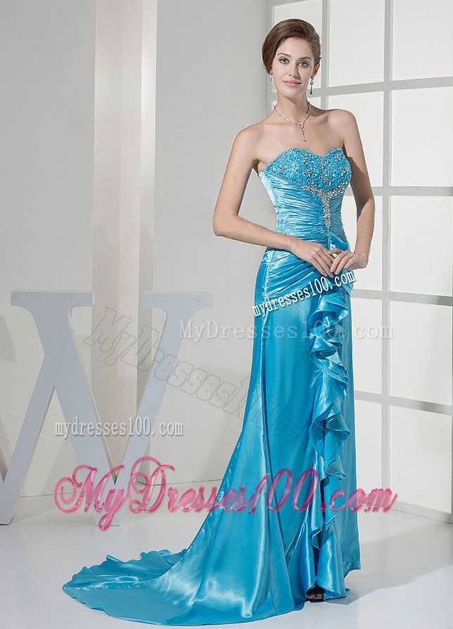 Beaded Decorate Bust and Ruched Bodice For Teal Prom Dress