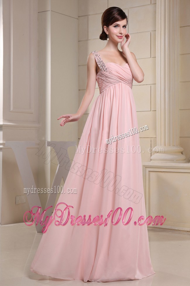 Beaded Decprate One Shoulder and Ruched Bodice For Baby Pink Prom Dress