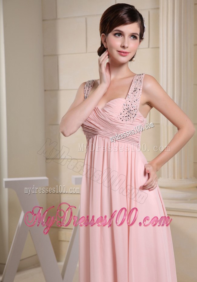 Beaded Decprate One Shoulder and Ruched Bodice For Baby Pink Prom Dress