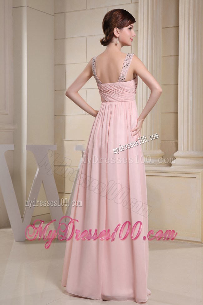 Beaded Decprate One Shoulder and Ruched Bodice For Baby Pink Prom Dress