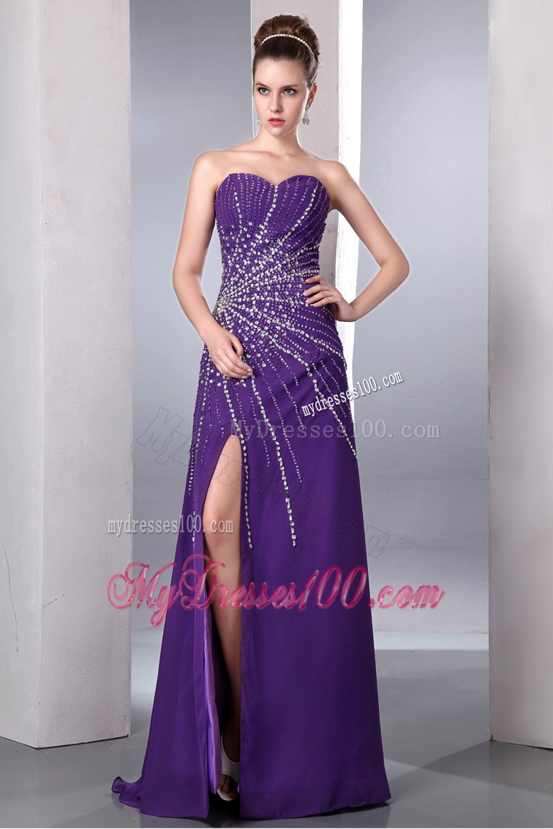 Purple 2013 Pageant Dresses with Beading and High Slit Sweetheart