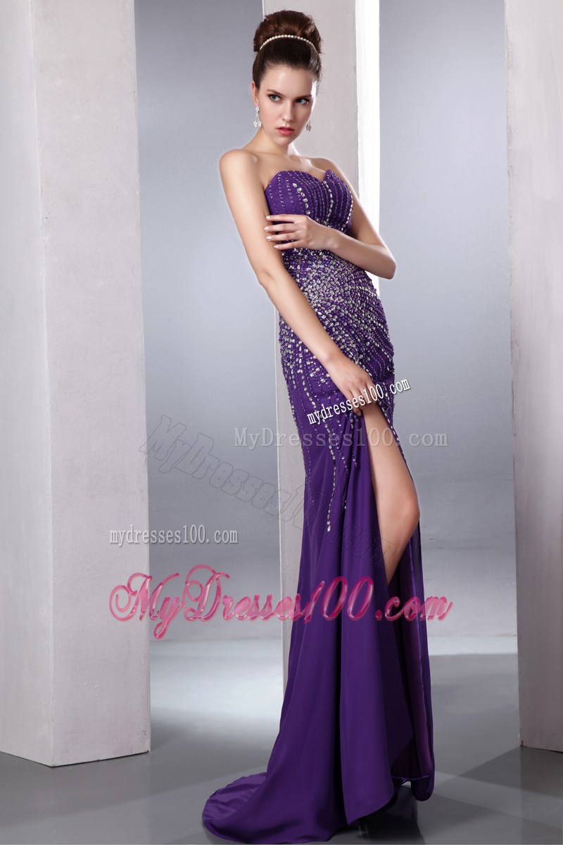 Purple 2013 Pageant Dresses with Beading and High Slit Sweetheart