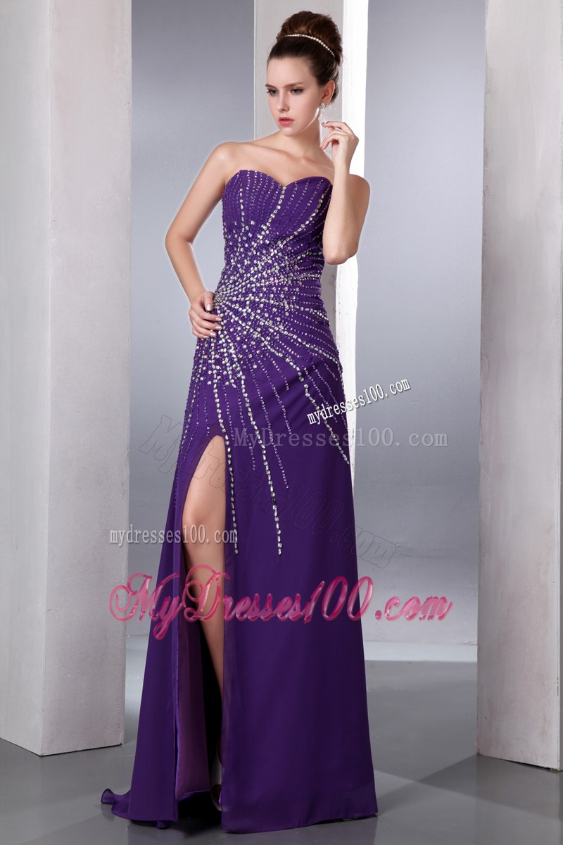 Purple 2013 Pageant Dresses with Beading and High Slit Sweetheart